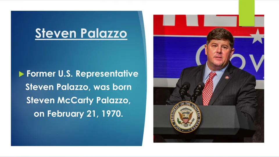 Biography slide giving Steven Palazzo’s full name, Steven McCarty Palazzo, and birth date, February 21, 1970