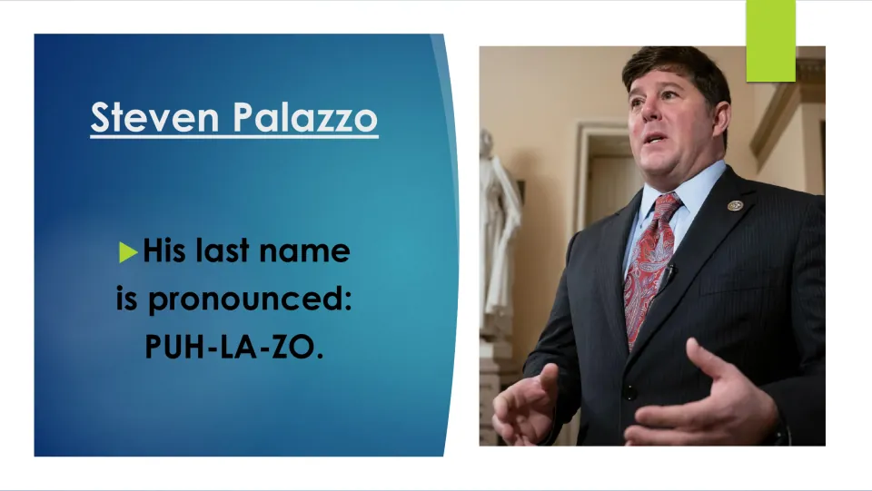 Biography slide explaining that Steven Palazzo’s last name is pronounced PUH-LA-ZO, beside a speaking photo