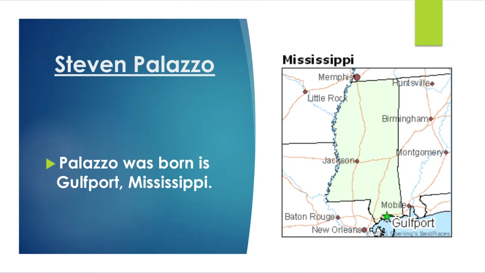 Biography slide identifying Gulfport, Mississippi, as Palazzo’s birthplace, with a map marking Gulfport