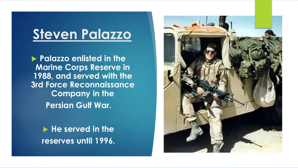 Biography slide covering Palazzo’s 1988 Marine Corps Reserve enlistment and service in the Persian Gulf War