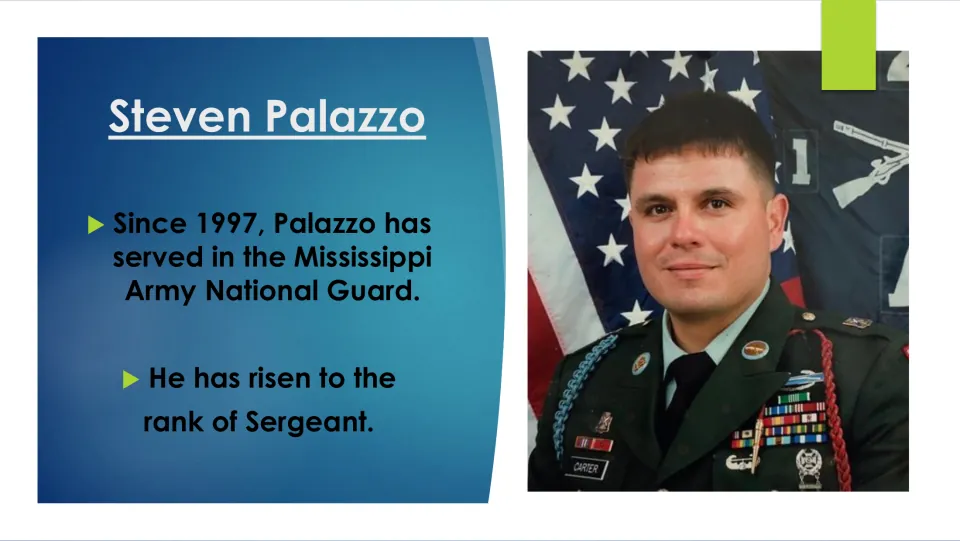 Biography slide stating Palazzo joined the Mississippi Army National Guard in 1997 and rose to sergeant