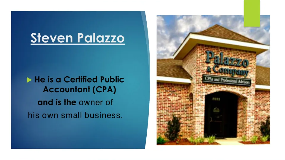 Biography slide describing Palazzo as a certified public accountant and small business owner, with his firm
