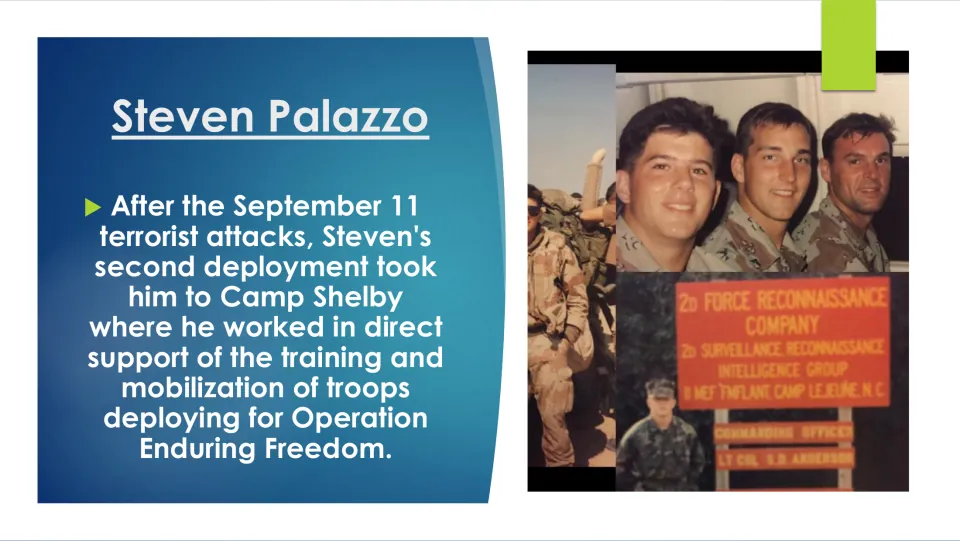 Biography slide on Palazzo’s post-September 11 deployment to Camp Shelby to support troop training and mobilization
