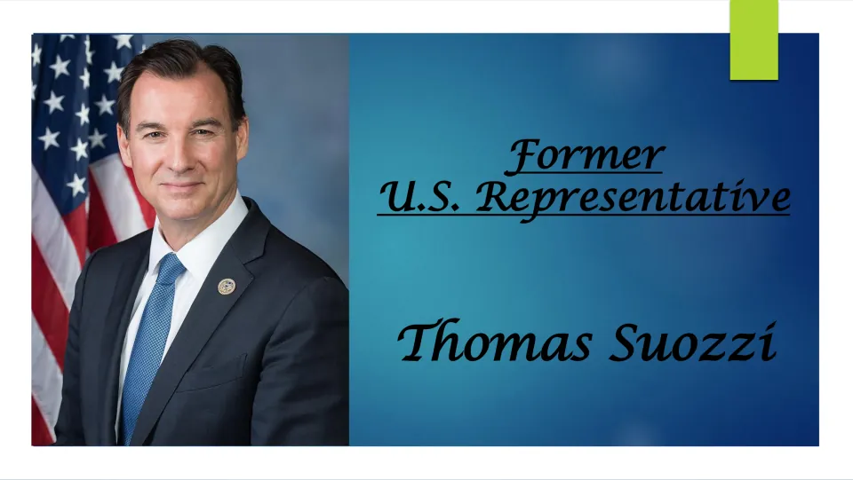 Biography presentation cover identifying Thomas Suozzi as a former U.S. representative, with his portrait