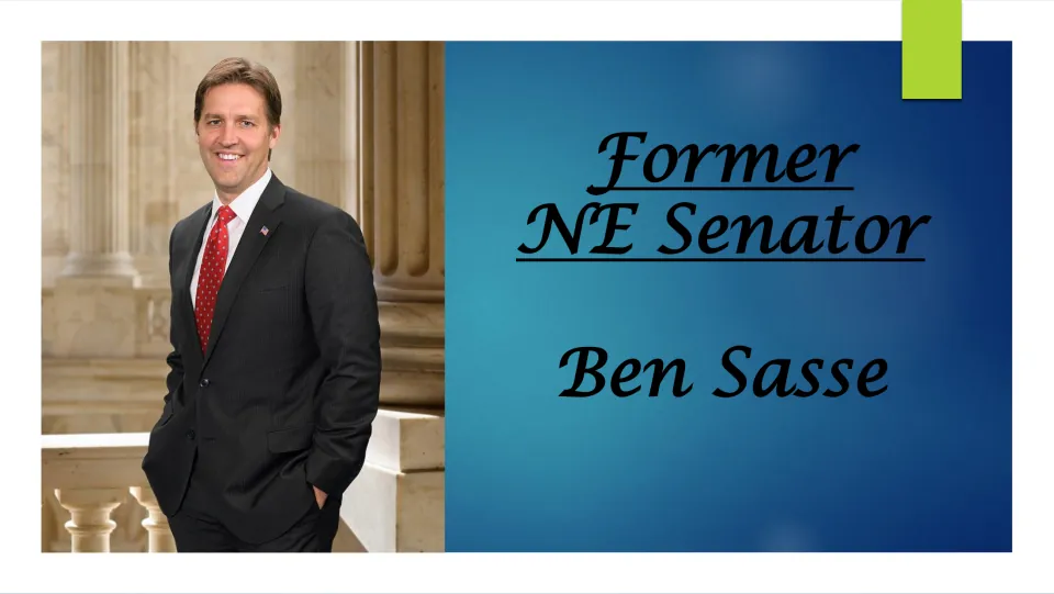 Biography presentation cover introducing Ben Sasse as a former Nebraska senator, alongside his portrait