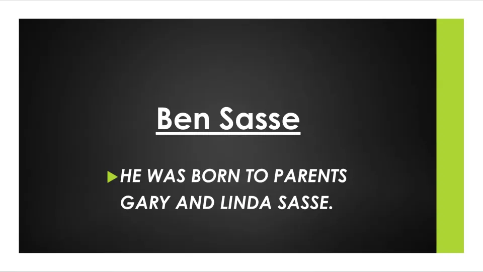 Biography slide about Ben Sasse's family background, naming his parents as Gary Sasse and Linda Sasse