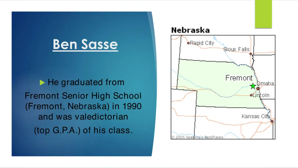 Biography slide on Sasse's 1990 graduation as valedictorian from Fremont Senior High School in Nebraska