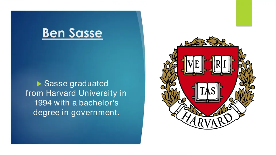 Biography slide stating that Sasse graduated from Harvard University in 1994 with a bachelor's in government