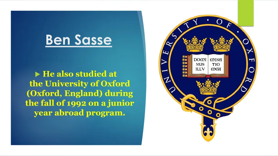 Biography slide on Sasse's fall 1992 study at the University of Oxford through a junior year abroad program