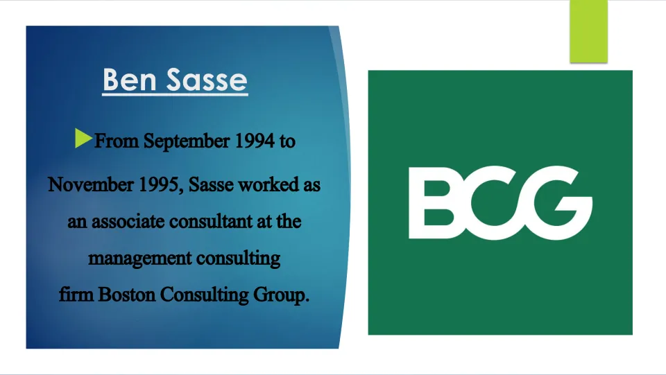 Biography slide on Sasse's associate consultant role at Boston Consulting Group, September 1994–November 1995