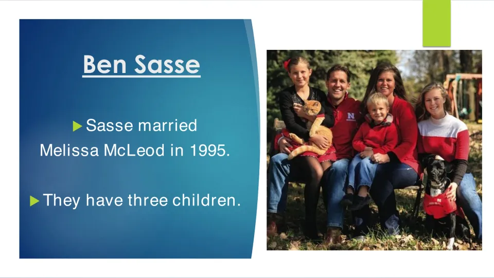 Biography slide stating that Sasse married Melissa McLeod in 1995 and has three children, with a family photo