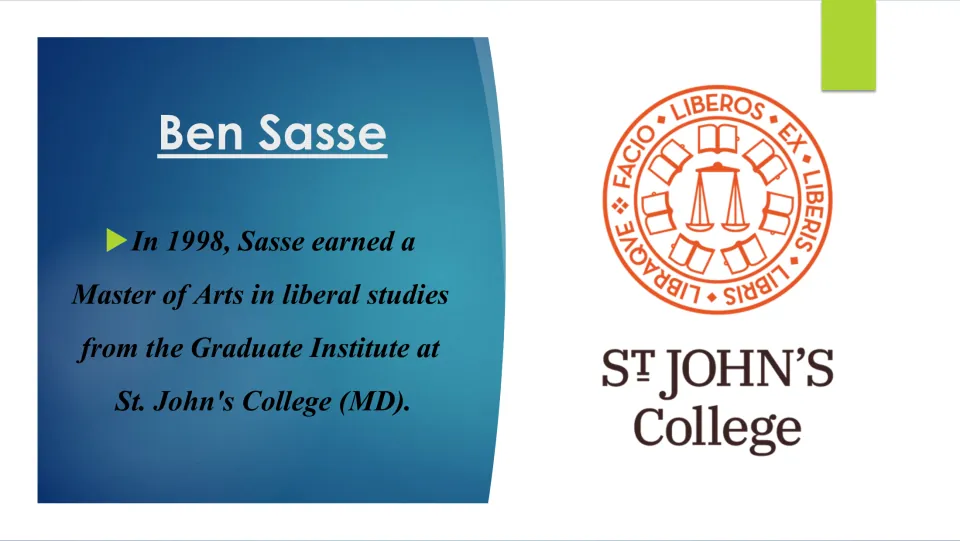 Biography slide on Sasse's 1998 Master of Arts in liberal studies from St. John's College in Maryland