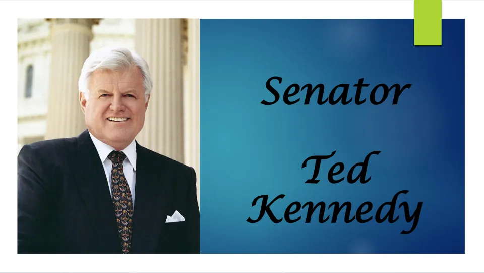Biography presentation cover featuring the words 'Senator Ted Kennedy' beside his formal portrait