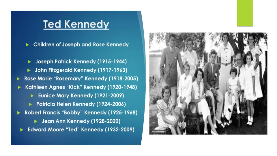 Family reference slide listing all nine children of Joseph and Rose Kennedy with their birth and death years