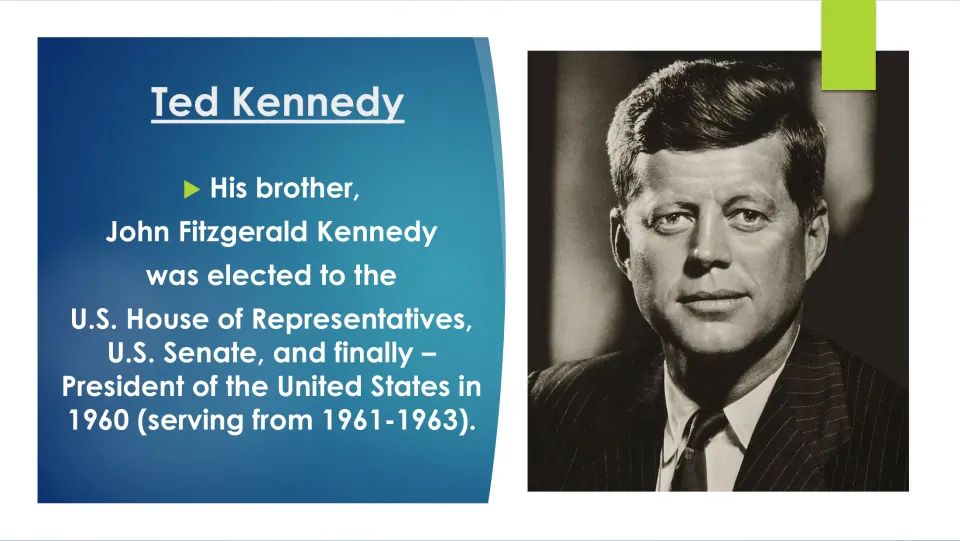 Family biography slide tracing John F. Kennedy's election to the House, Senate, and presidency in 1960