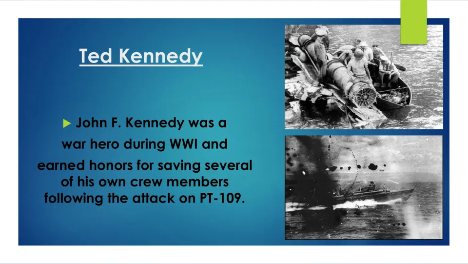 Family biography slide describing John F. Kennedy's rescue of crew members following the attack on PT-109