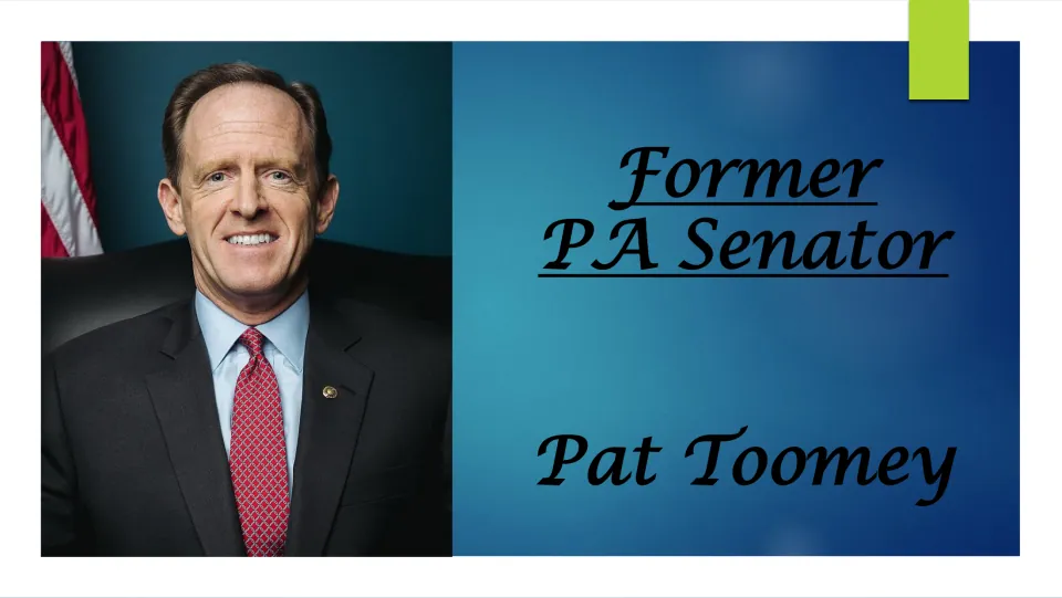 Biography presentation cover introducing Pat Toomey as a former Pennsylvania senator, with his portrait