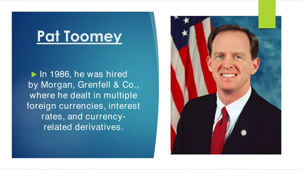 Banking career slide: Pat Toomey joined Morgan, Grenfell & Co. in 1986, dealing in currencies and interest rates