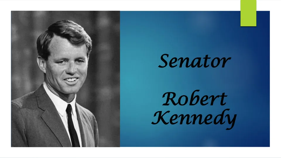Biography presentation cover introducing Senator Robert Kennedy with his name and a black-and-white portrait