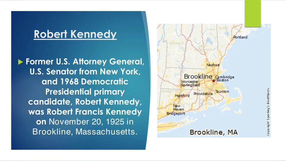 Biography slide introducing Robert Kennedy's public offices and November 20, 1925, birth in Brookline