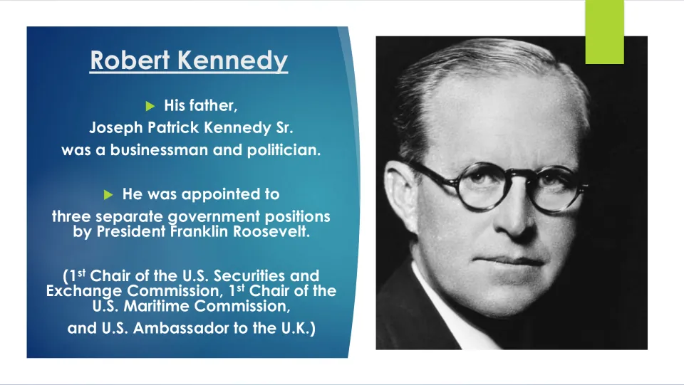 Family biography slide describing Joseph Kennedy Sr.'s business career and three Roosevelt government appointments