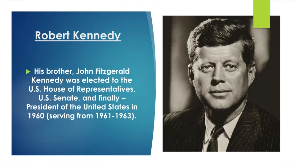 Family biography slide tracing John F. Kennedy's service in the House, Senate, and presidency from 1961 to 1963