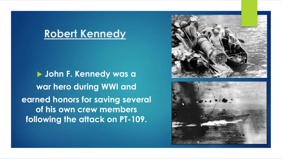 Family biography slide recounting John F. Kennedy's rescue of crew members after the attack on PT-109