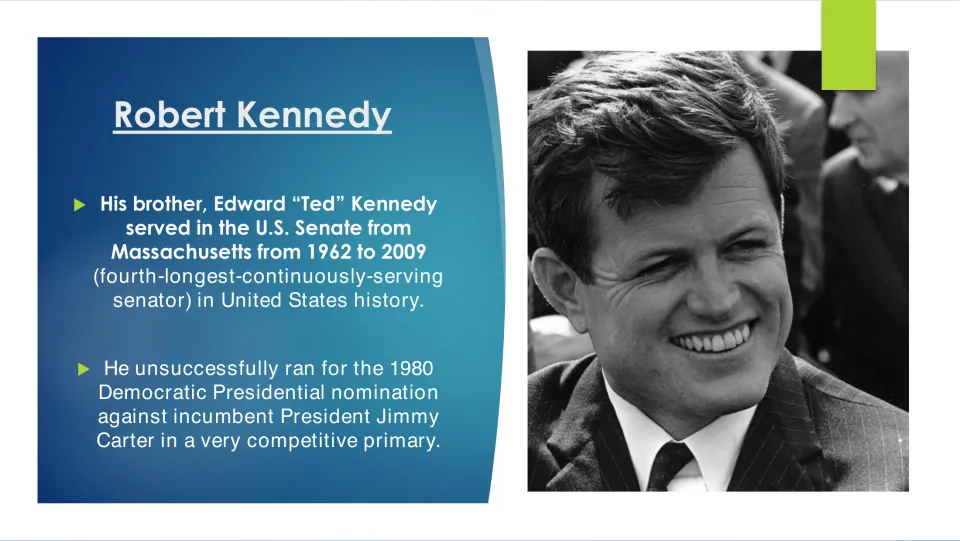Family biography slide covering Ted Kennedy's 1962–2009 Senate service and 1980 presidential nomination bid
