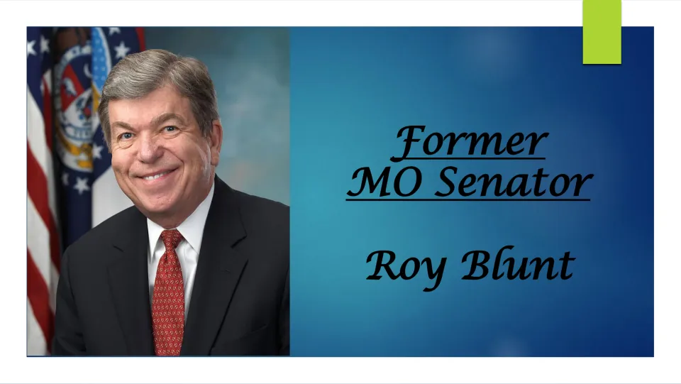 Biography presentation cover introducing former Missouri Senator Roy Blunt, with his official portrait