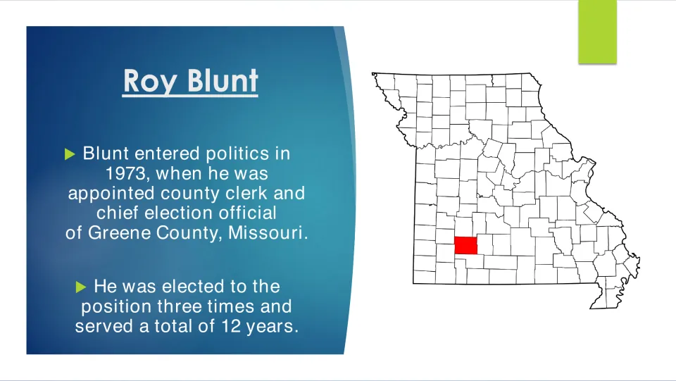 Political career slide on Roy Blunt’s 1973 appointment as Greene County clerk and his 12 years of service