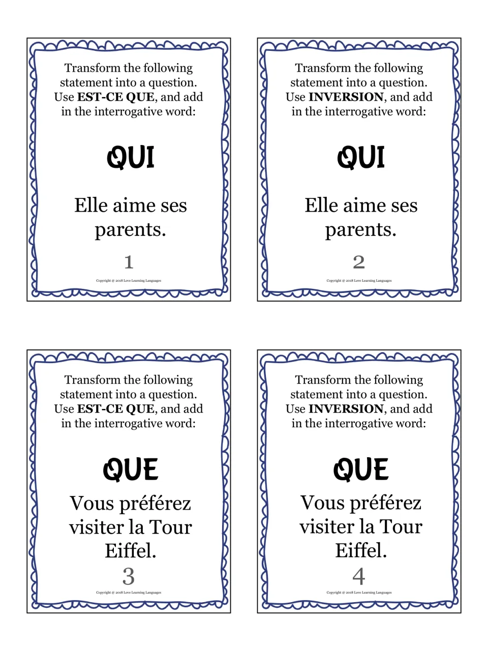 French question cards 1–4: qui (who) and que (what), with sentences about loving parents and visiting the Eiffel Tower