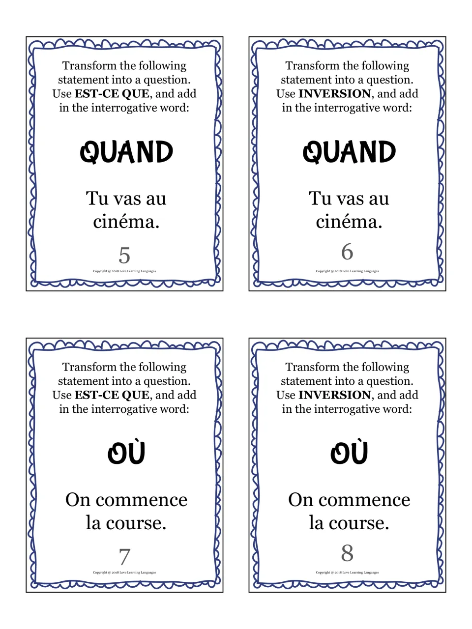 French question cards 5–8: quand (when) and où (where), with sentences about going to the movies and starting a race