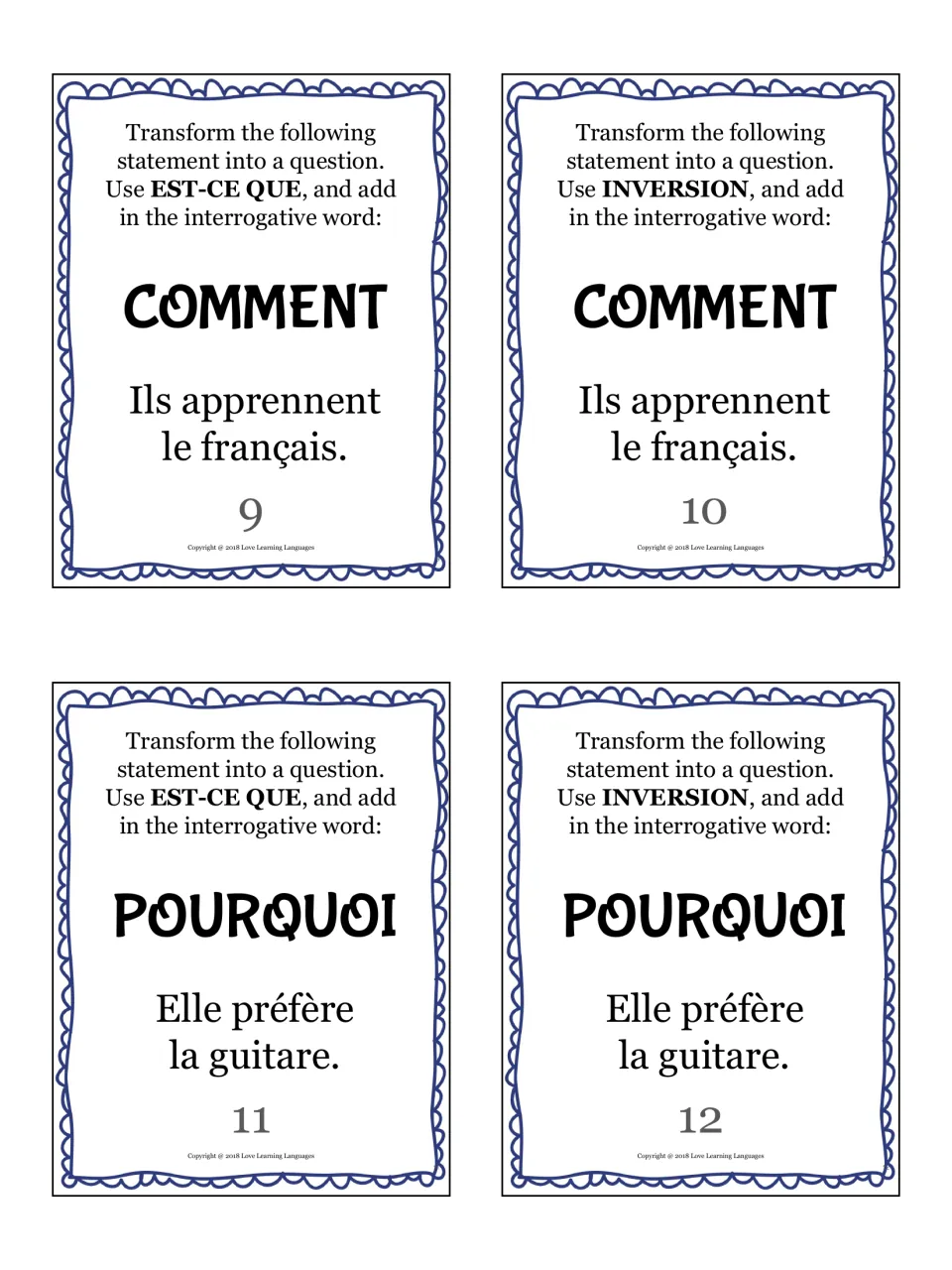 French question cards 9–12: comment (how) and pourquoi (why), about learning French and preferring the guitar