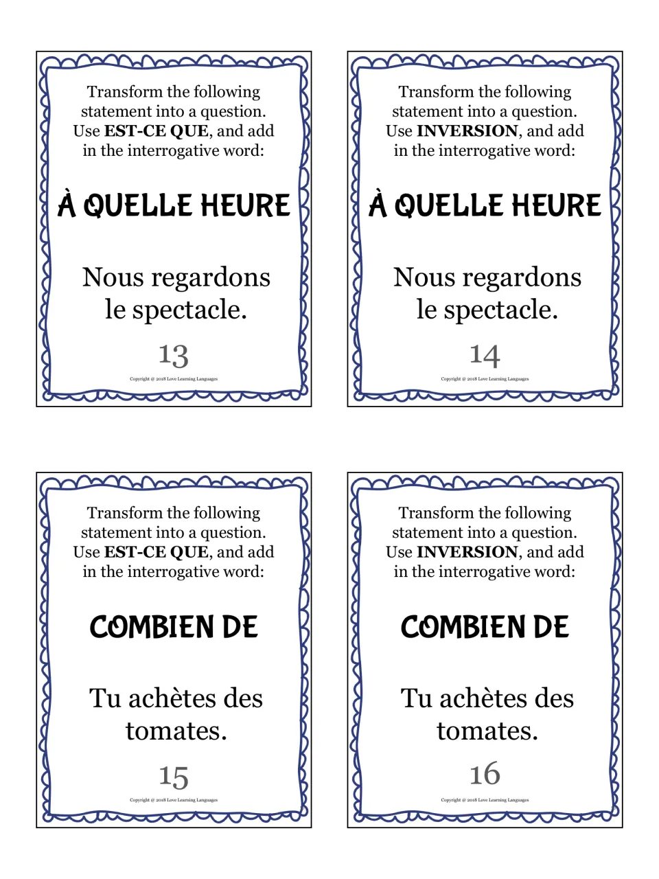 French question cards 13–16: à quelle heure (at what time) and combien de (how many), about a show and tomatoes