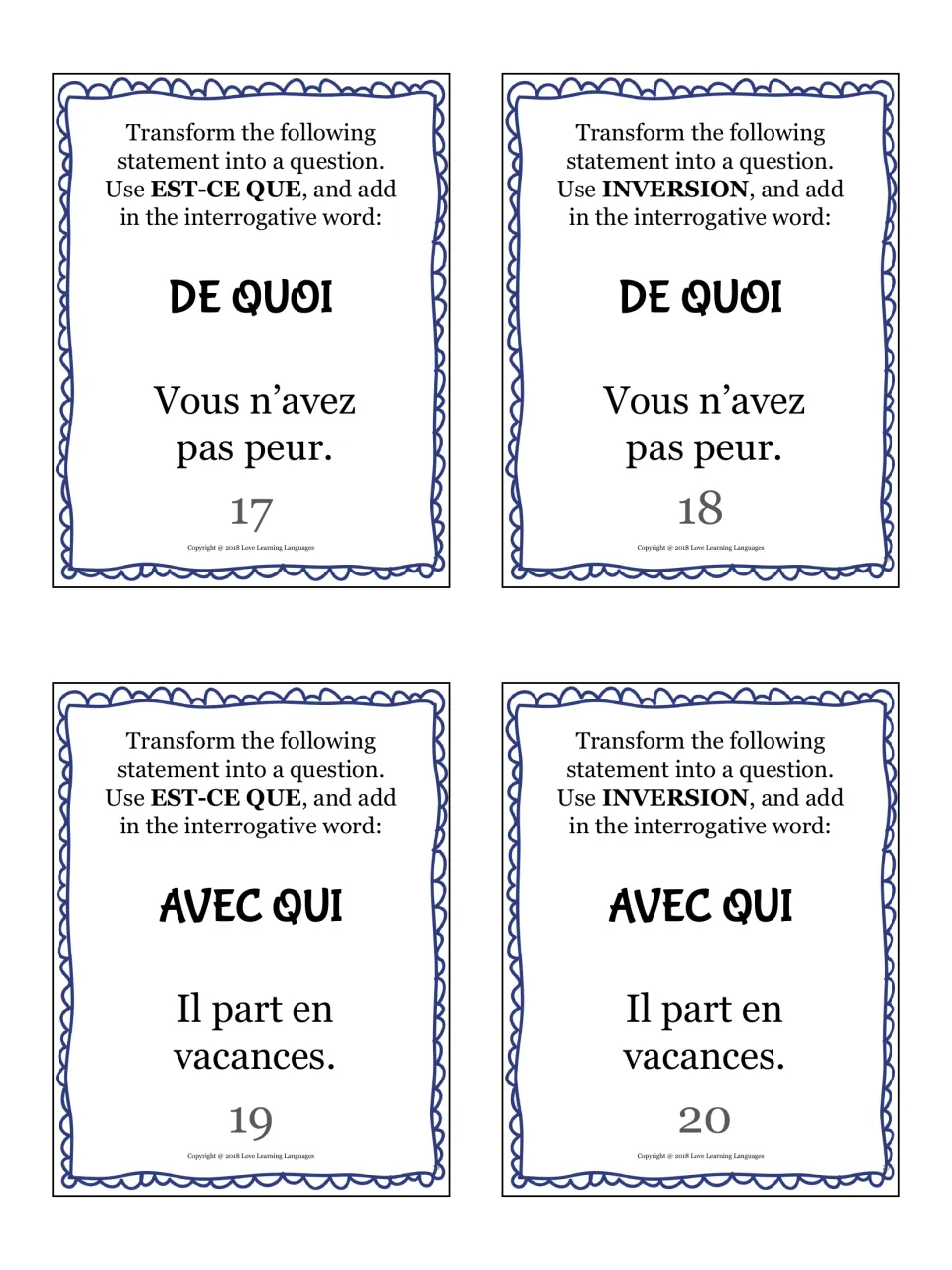 French question cards 17–20: de quoi (of what) and avec qui (with whom), about having no fear and taking a vacation