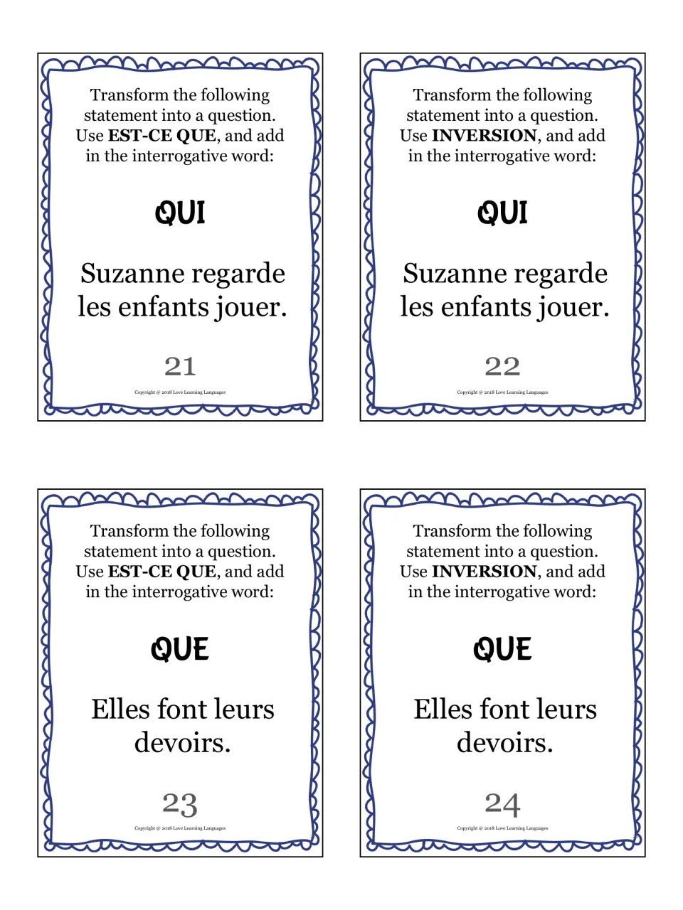 French question cards 21–24: qui (who) and que (what), about Suzanne watching children play and girls doing homework