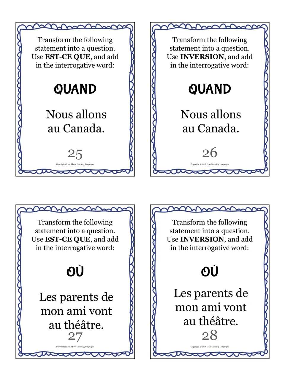 French question cards 25–28: quand (when) and où (where), about going to Canada and a friend's parents at the theater