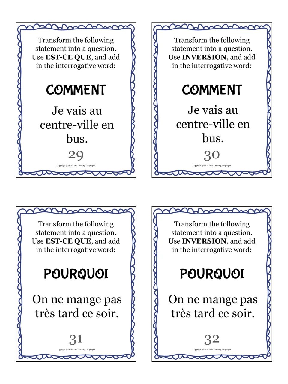 French question cards 29–32: comment (how) and pourquoi (why), about going downtown by bus and not eating very late