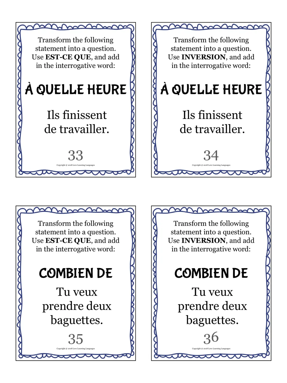 French question cards 33–36: à quelle heure (at what time) and combien de (how many), about work and two baguettes