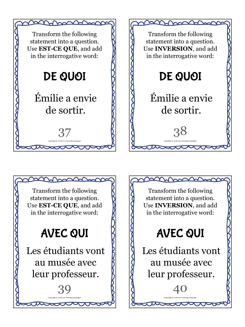 French question cards 37–40: de quoi (of what) and avec qui (with whom), about Émilie going out and a museum visit