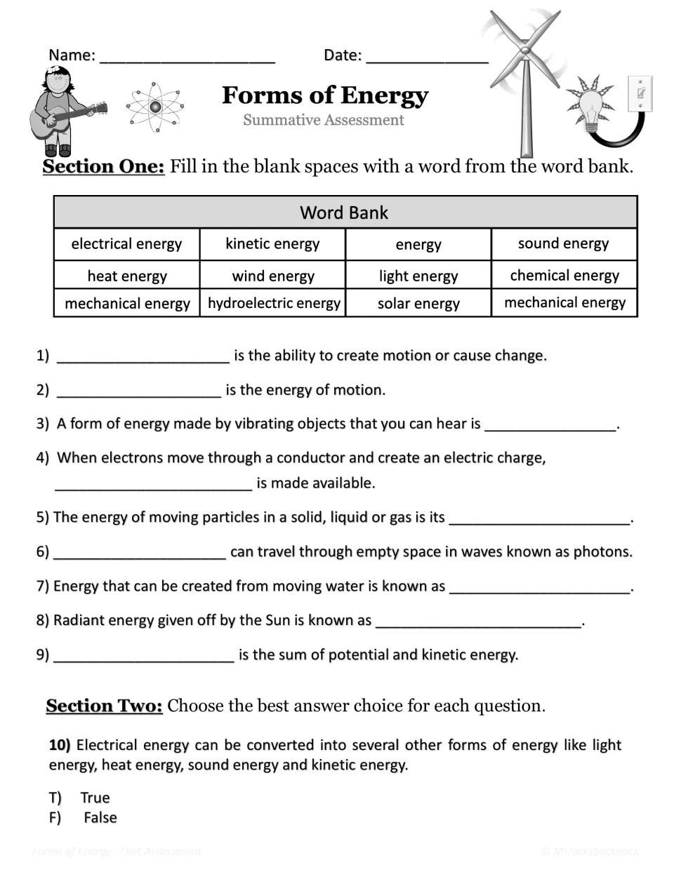 Forms of energy test: students fill 9 blanks from a word bank of energy types, answer a true/false item on electricity