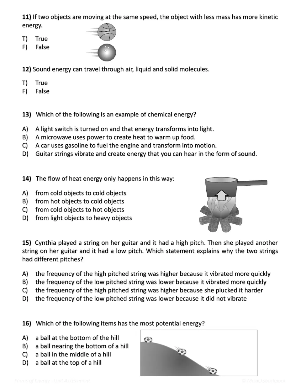 Energy questions 11-16: true/false on kinetic energy and sound, multiple choice on heat flow, pitch and potential energy