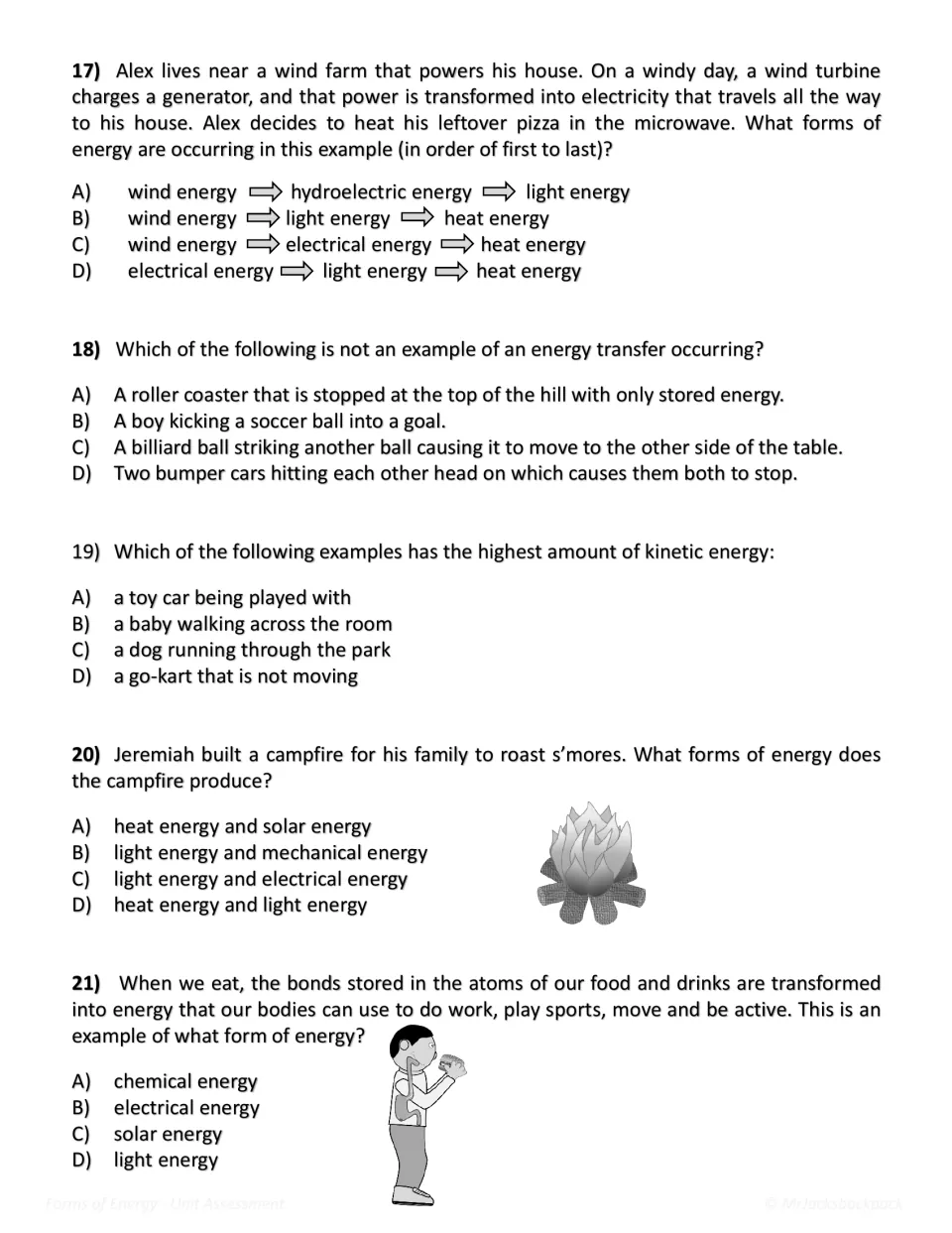 Energy transformation questions 17-21: students pick energy chains, transfers, kinetic energy and campfire energy forms
