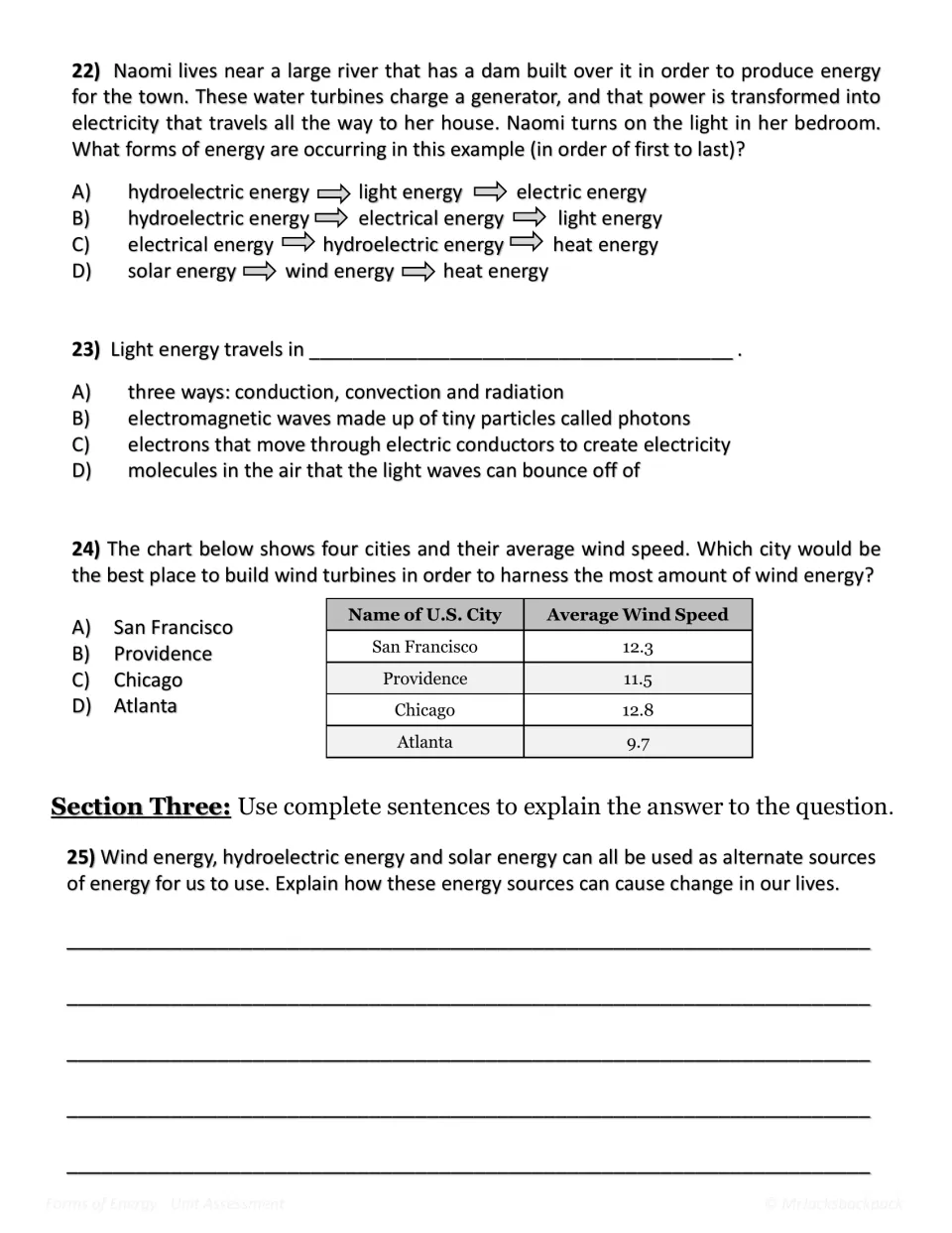 Hydroelectric and wind questions 22-24 with a city wind speed table, then a written response on alternate energy sources