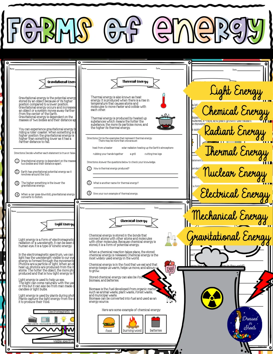 Forms of Energy Work Packet preview showing sample reading and question pages and naming eight energy forms