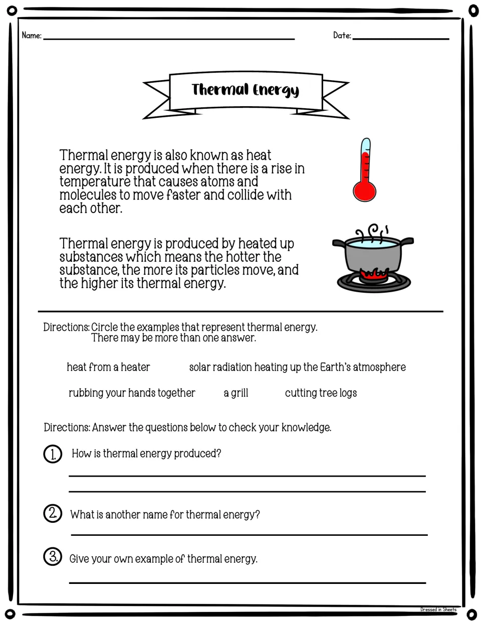 Thermal energy reading about heat and particle motion, followed by example selection and three questions