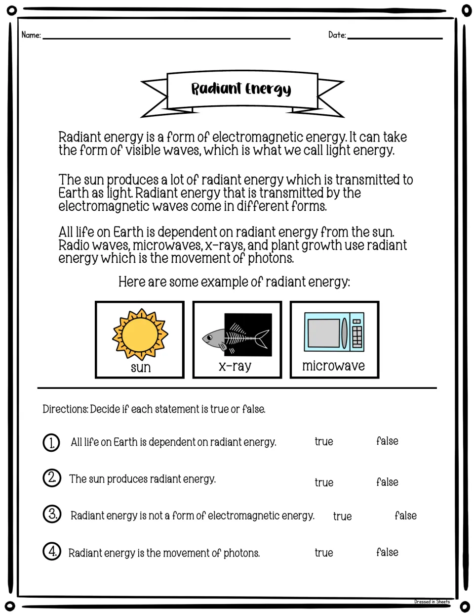 Radiant energy reading featuring the sun, X-rays, and microwaves, followed by four true-or-false statements