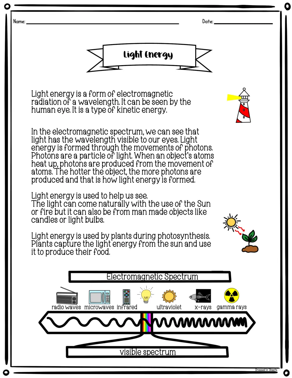 Light energy reading about photons, light sources, and photosynthesis, with an electromagnetic spectrum diagram