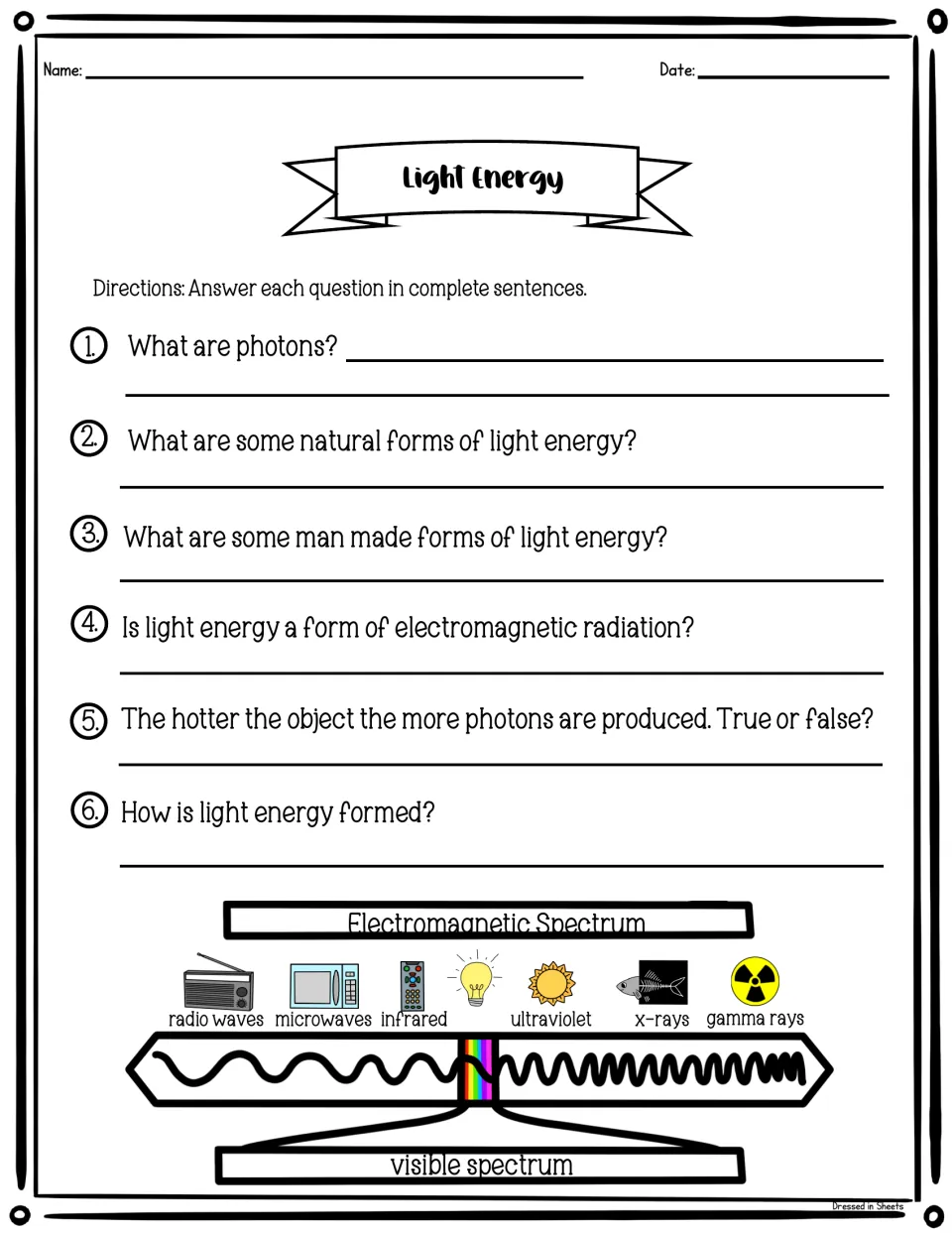 Light energy follow-up with six questions about photons, light sources, radiation, and how light is formed