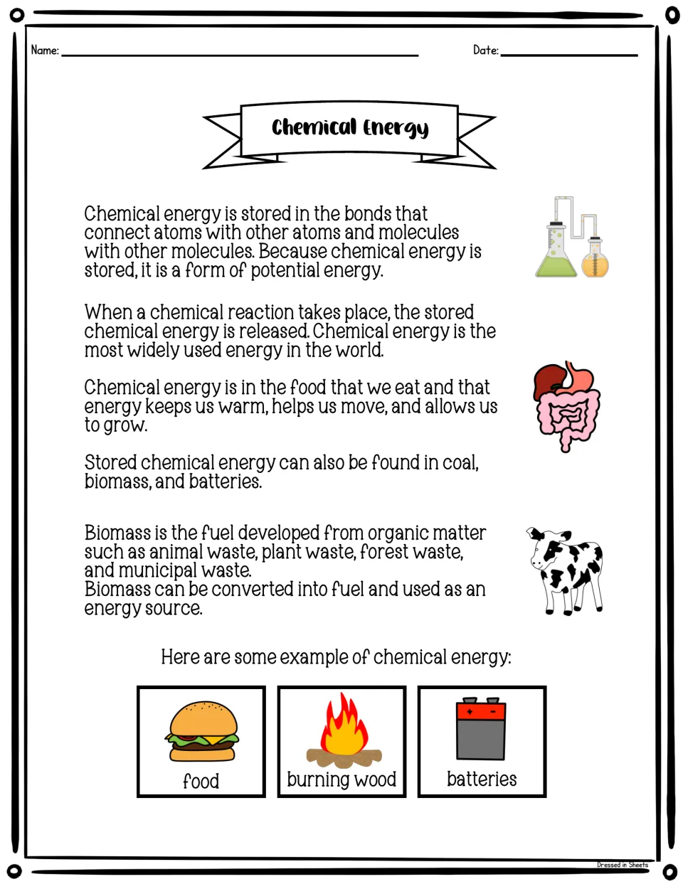 Chemical energy reading explaining stored energy and biomass, with food, burning wood, and battery examples